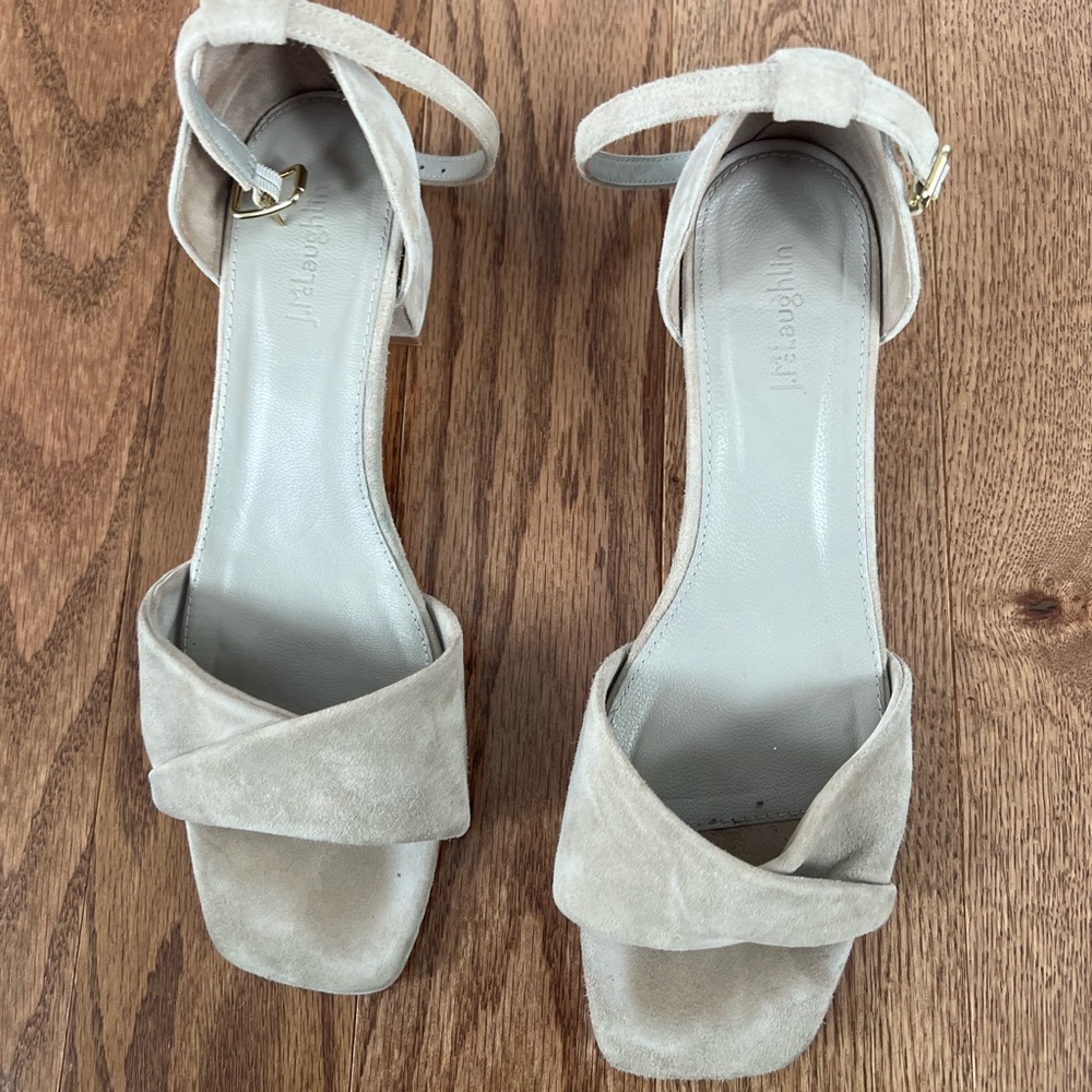 J McLaughlin light grey velvety sandal heels